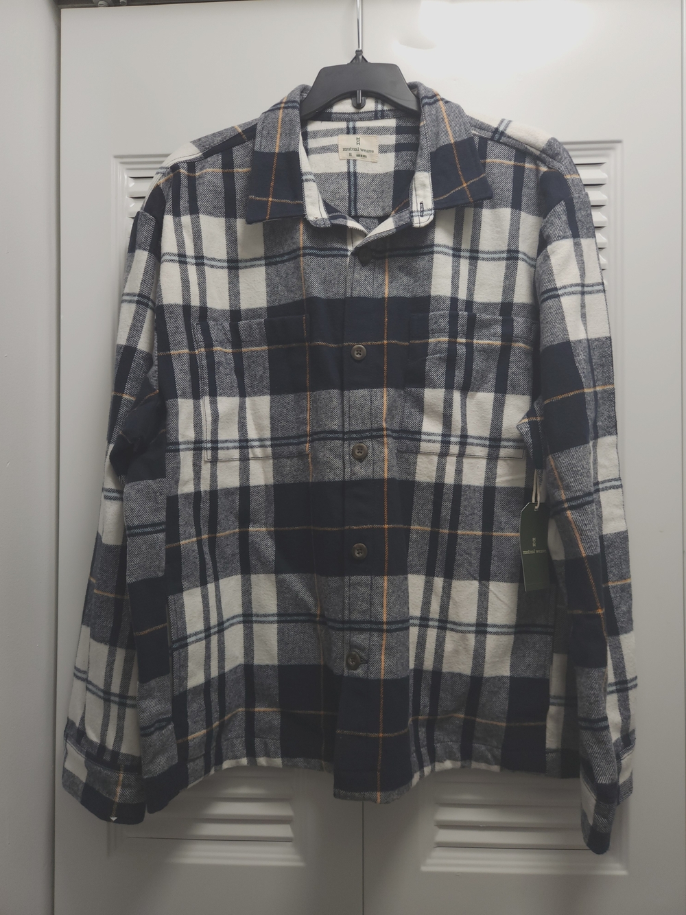 NWT Mutual Weave Men's XL Plaid Shirt Jacket Navy Ivory Check 100% Cotton Button